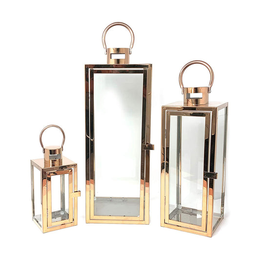 Floor Lantern Set of 3 Candle Holder Stainless Steel Rose Gold